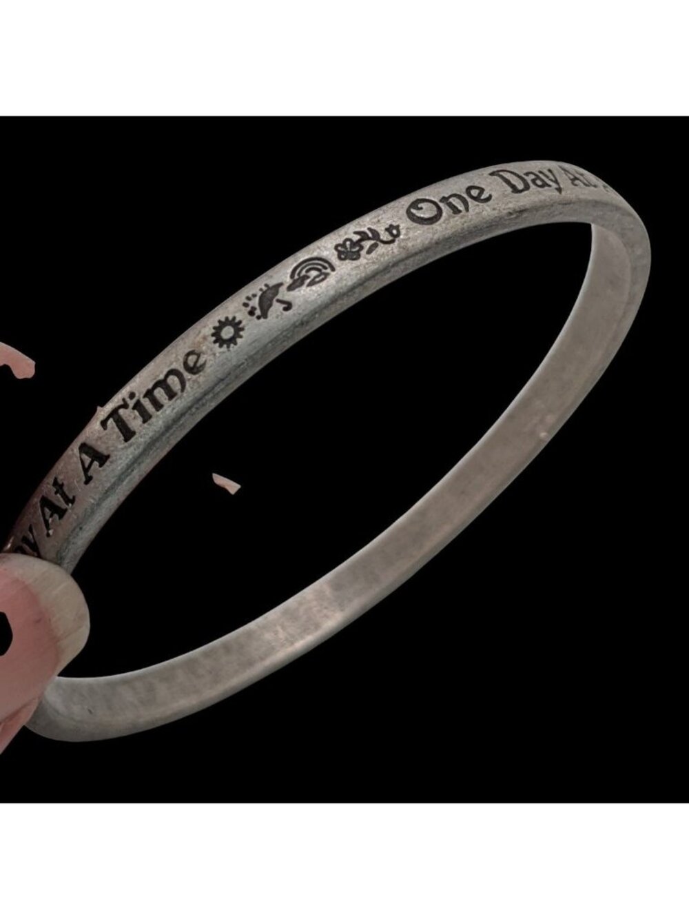 Boho Inspirational Rustic One Day At A Time Silver Tone Bangle Bracelet
